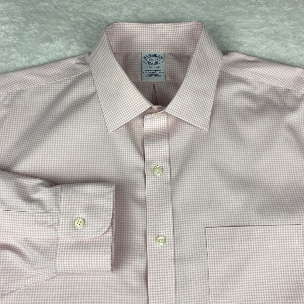 Brooks Brothers Dress Shirt Mens 16.5-33 Pink Checks Regular Fit No Iron Stretch